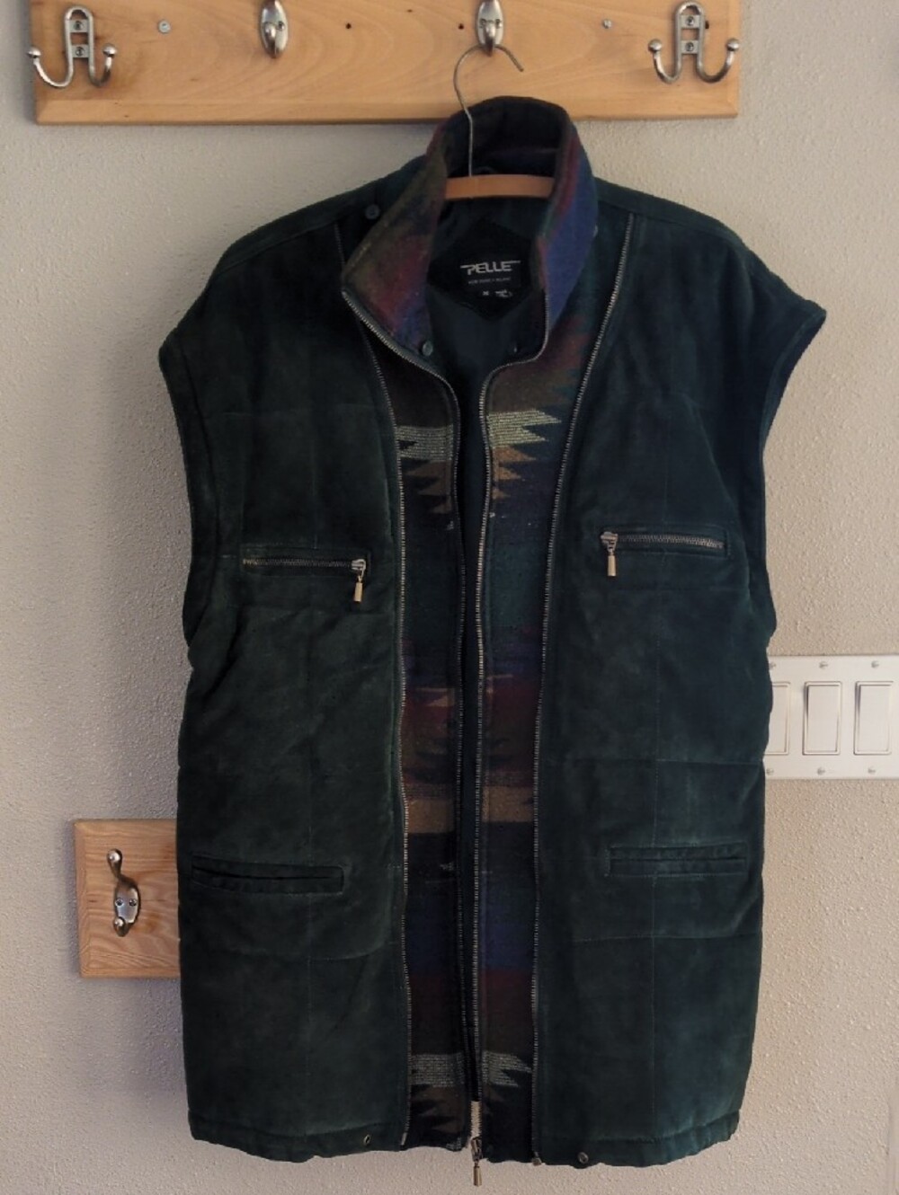 Pelle Dark Green Suede Puffer Jacket with Patterned Wool Sleeves - Picture 5 of 9